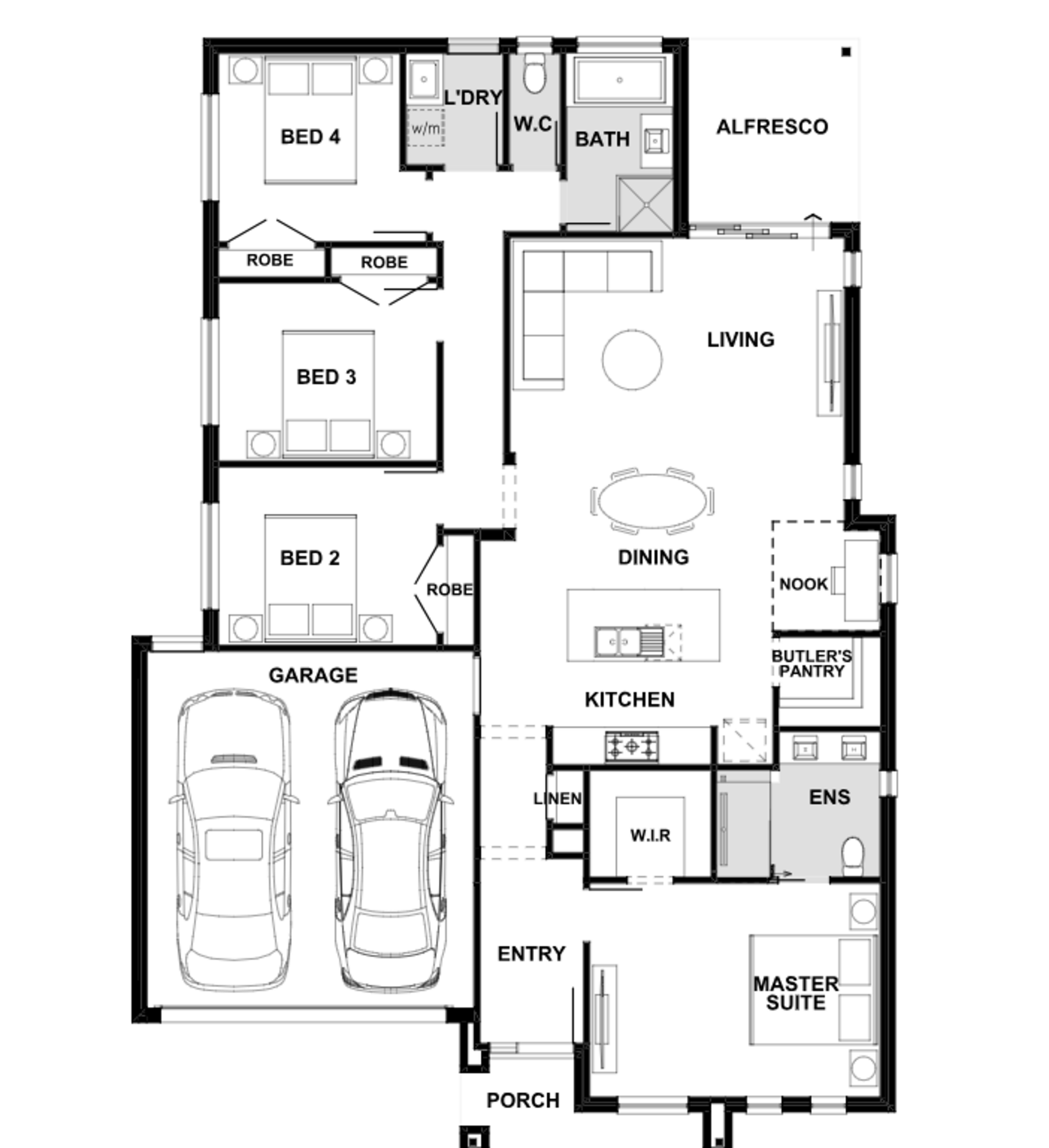 Exact supplied Haven 205 floorplan showing four bedrooms, double garage, master ensuite and walk-in robe, kitchen with butler’s pantry, study nook, living, dining and alfresco