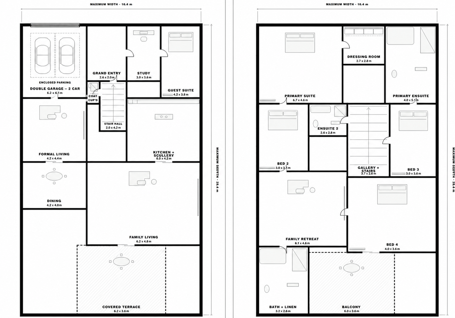 Supplied Sovereign Manor floorplan showing five bedrooms, three bathrooms, a two-car garage, formal and family living zones, covered terrace and balcony